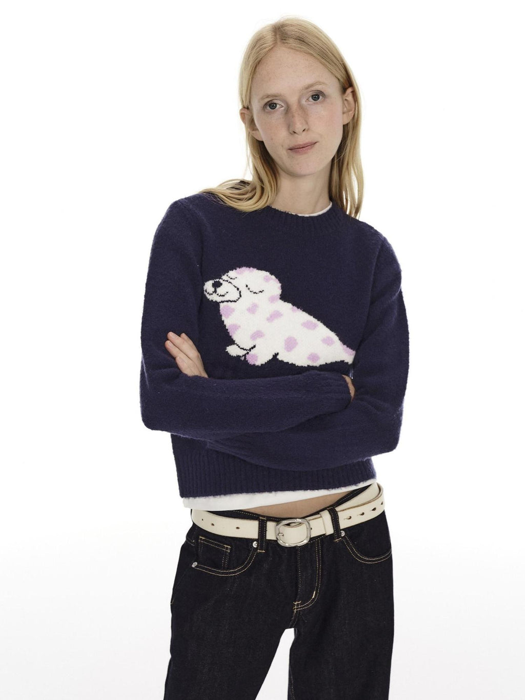 Country Moment Soft Slim Embroidered Seal Youthful Unisex Everyday Acrylic Round Neck Sweaters