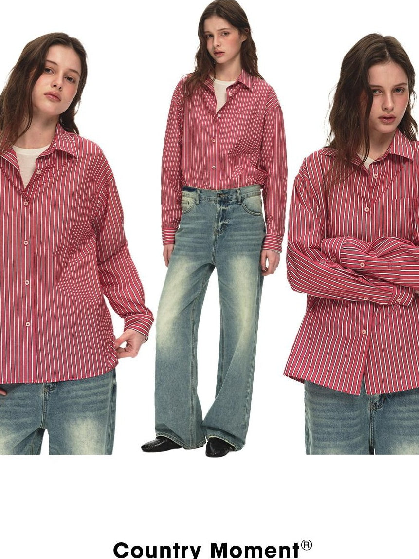 Country Moment 100% Cotton Vintage Oversized Red Stripe Button Long Sleeve Women Shirts