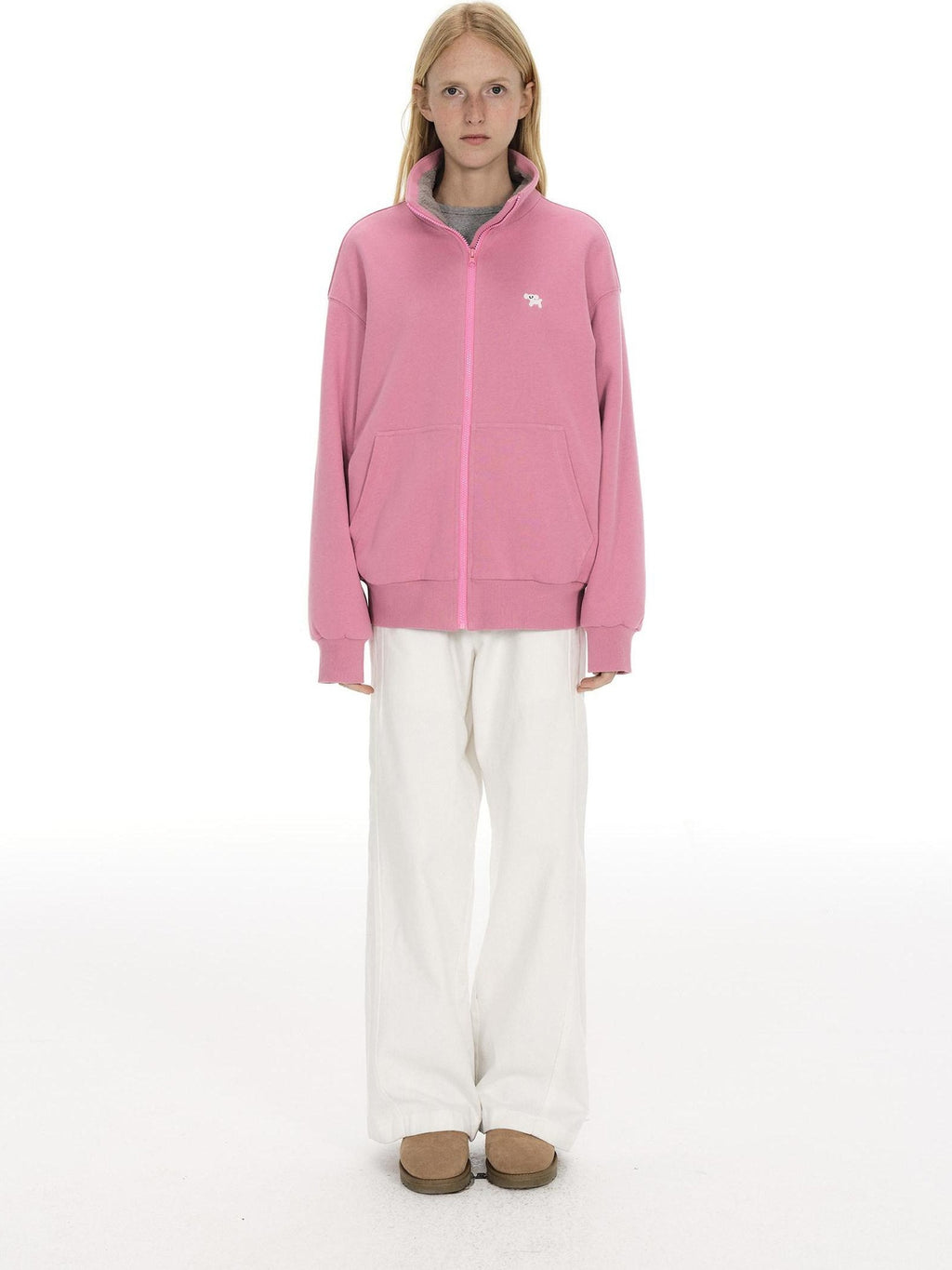 Country Moment Cozy Fleece Thick Loose Embroidered Stand Collar Unisex Cotton Zip Sweatshirt