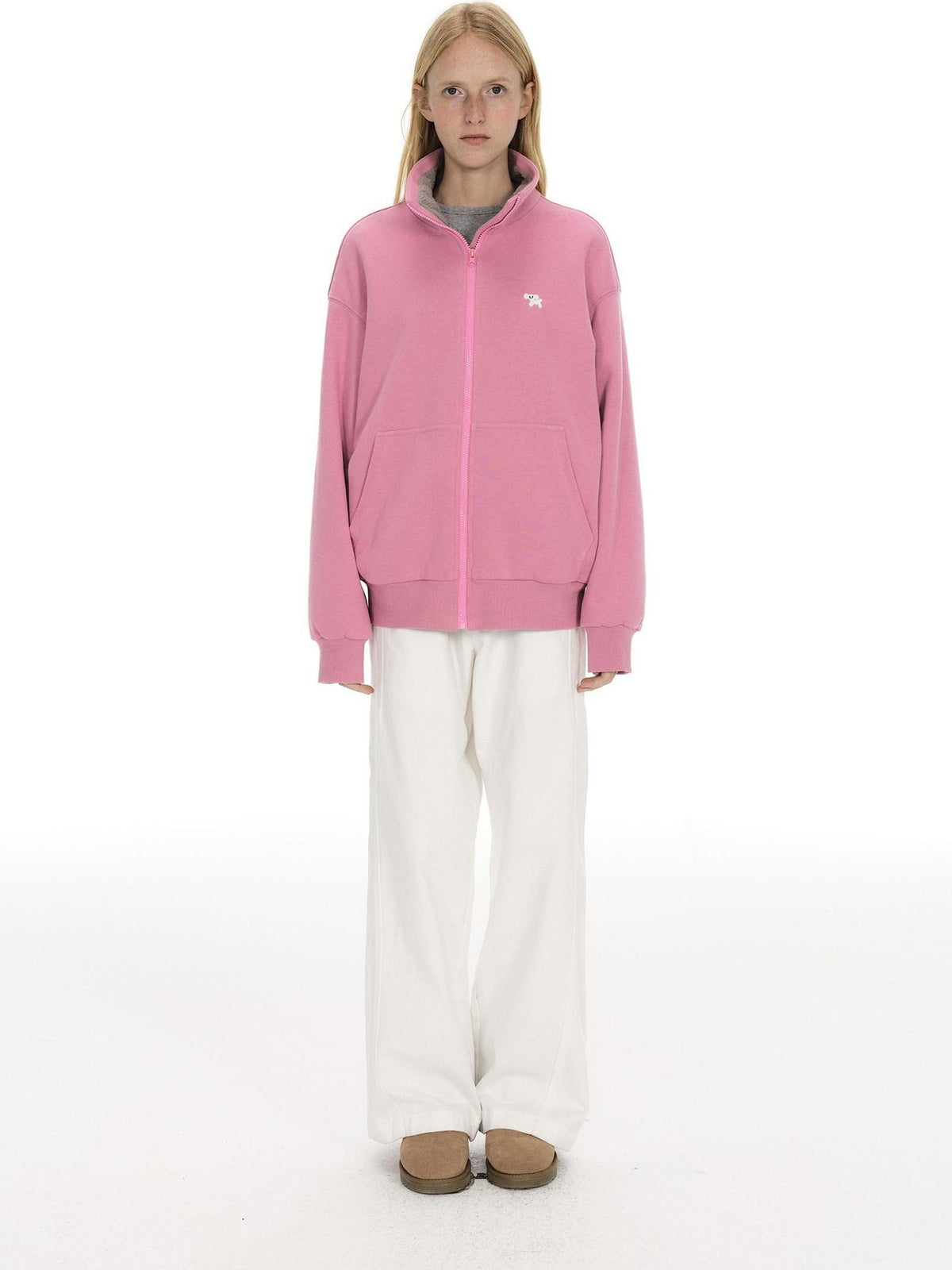 Country Moment Cozy Fleece Thick Loose Embroidered Stand Collar Unisex Cotton Zip Sweatshirt