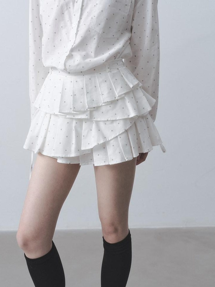 DDGIRL studio Quick Dry Pleated Polka Dot High Waist Button Shirt Women Top & Skirt Sets