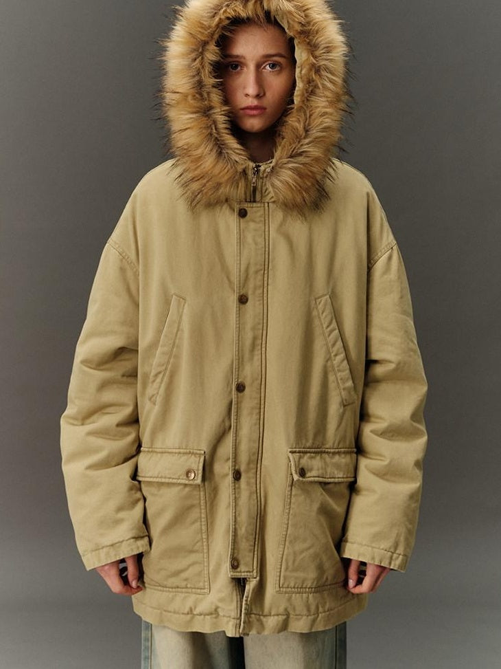 Country Moment Cotton Hooded Straight Fit Mid Length Zipper Street Khaki Green Puffer Jackets