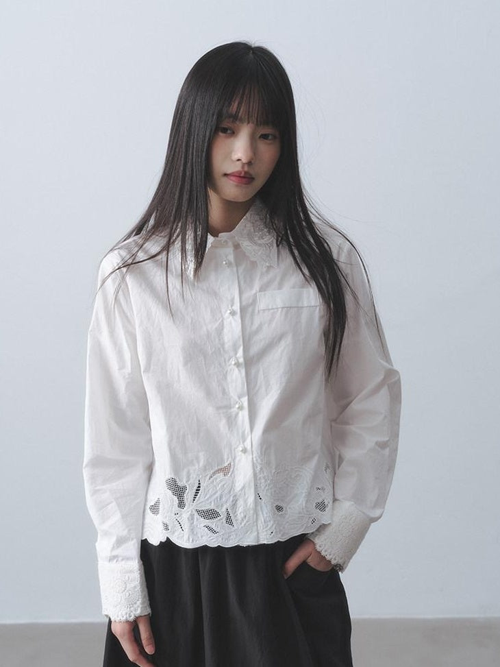 DDGIRL studio Skin Friendly Cotton Lace Embroidered Cropped Cardigan White Long Sleeve Shirts