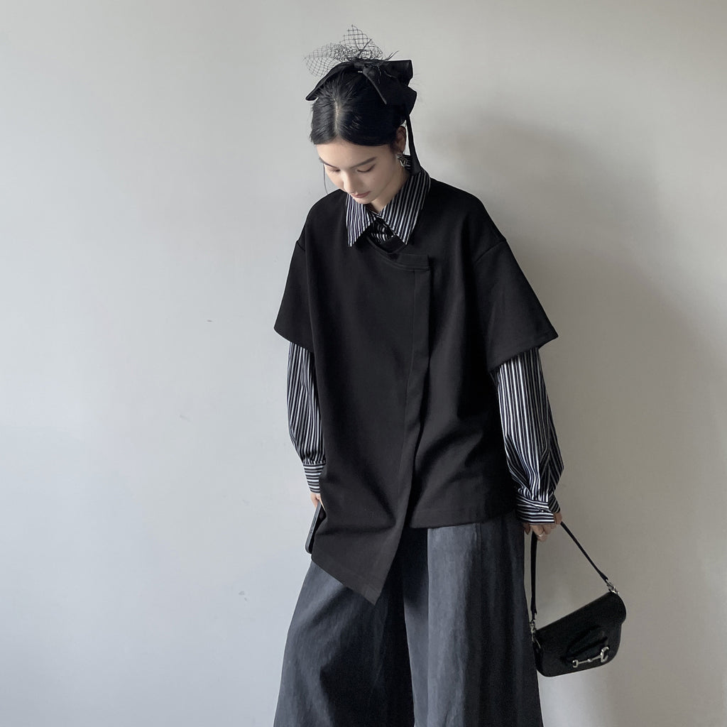 DDGIRL_studio_Breathable_Cotton_Blend_Relaxed_Commuter_Collared_Striped_Women_Black_Shirts_MISSTT