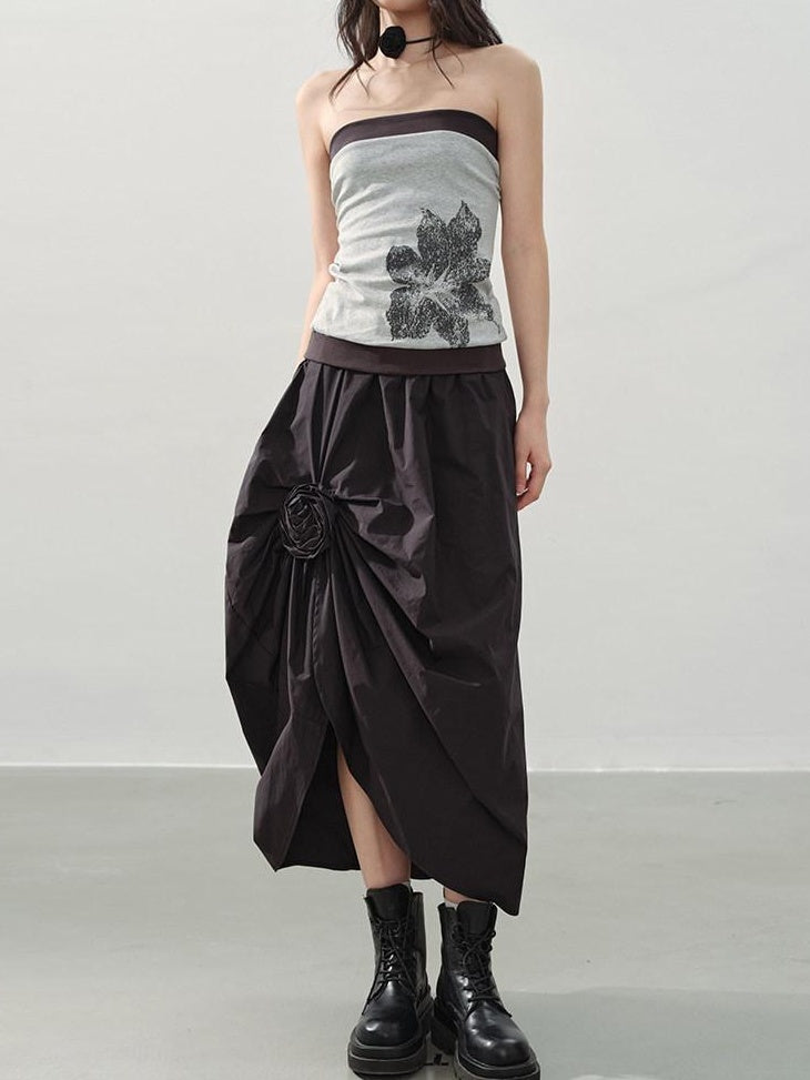 DDGIRL studio Durable Lined Cotton High Waist Asymmetric Floral Front Slit Midi Skirts
