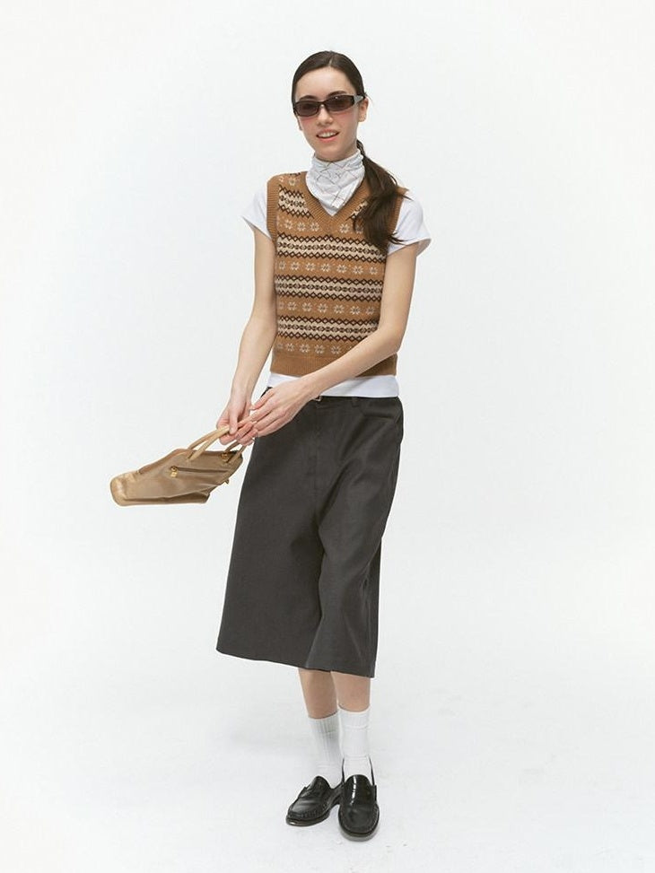 Country Moment Pure Wool V-neck Striped Vest Office Layering Buttonless Dusty Camel Sweaters