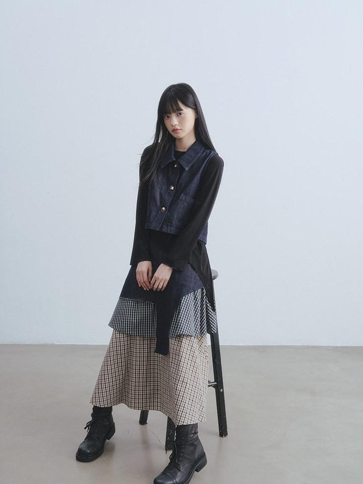 DDGIRL studio Asymmetric Plaid Leather Lapel Vest High Waist Skirt Women Top & Skirt Sets