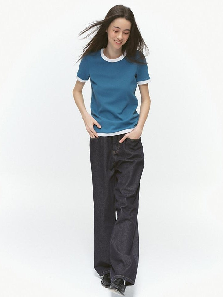 Country Moment Stretch Cotton Patchwork Casual Straight Fit Lake Blue Short Sleeve T-Shirts