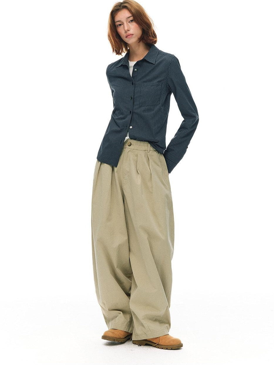 Country Moment Slim Fit Cotton Plaid Button Cropped Long Sleeve Collared Casual Citywalk Blouses