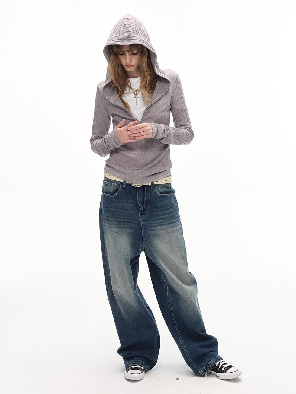 Country Moment Gradient Distressed Mid Rise Loose Straight Everyday Denim Blue Wide Leg Jeans