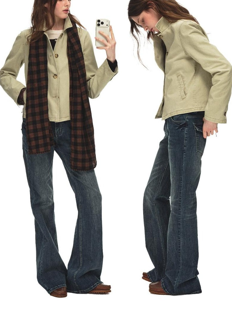 Country Moment Warm Vintage British Short Button Khaki Cotton Unisex Commuter Cropped Jackets