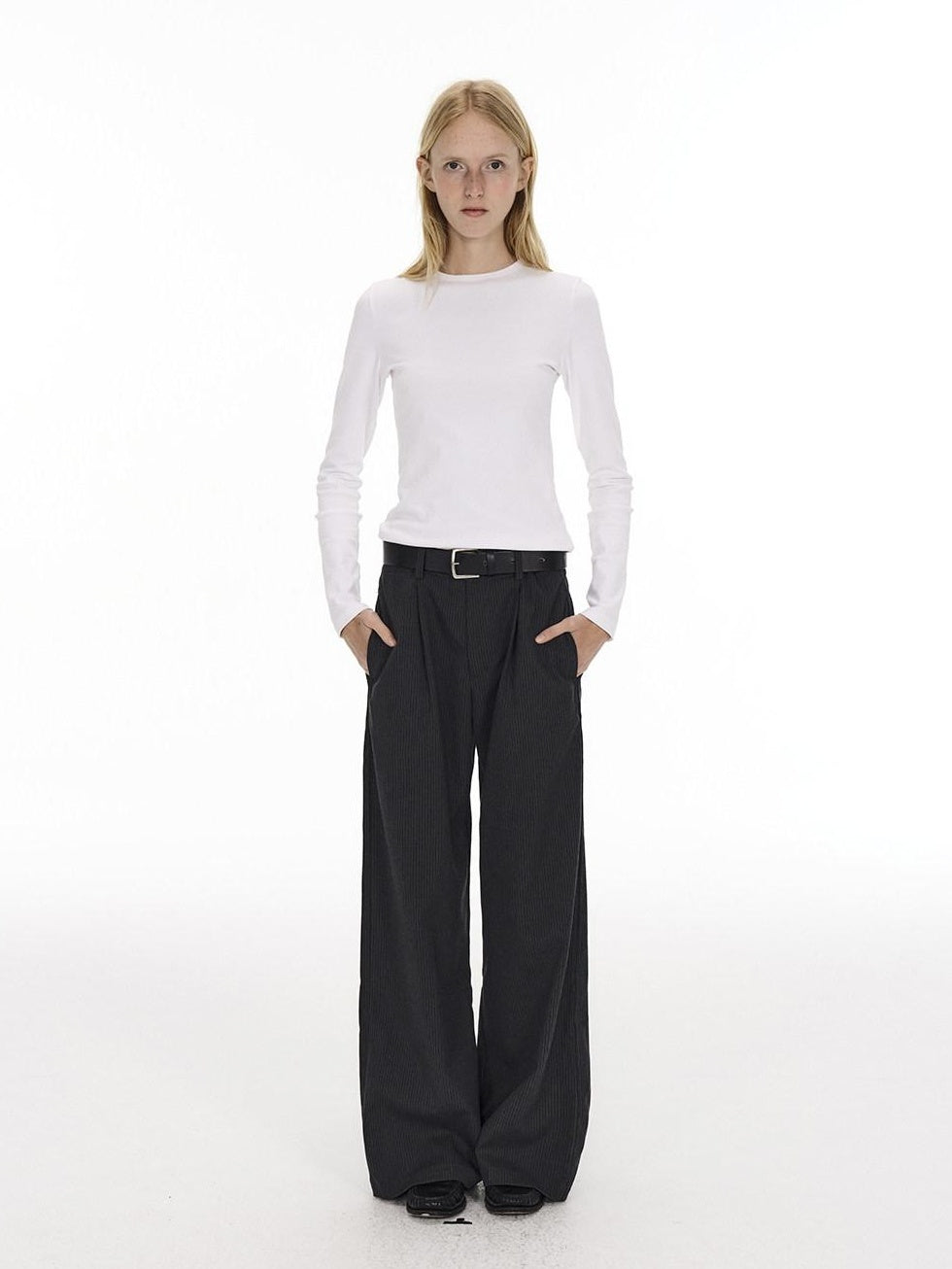 Country Moment Black Striped Midrise Wide Leg Casual Zipper Polyester Straight Pants