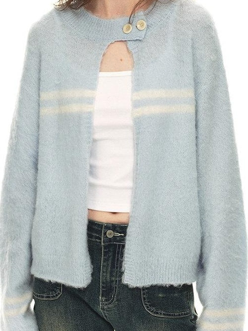 Country Moment Soft Wool Blend Light Blue Striped Relaxed Collar Women Breathable Cardigans
