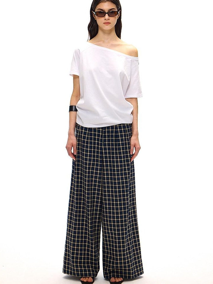 Country Moment Versatile Minimal Indigo Check Cotton Natural Waist Straight Wide Leg Pants