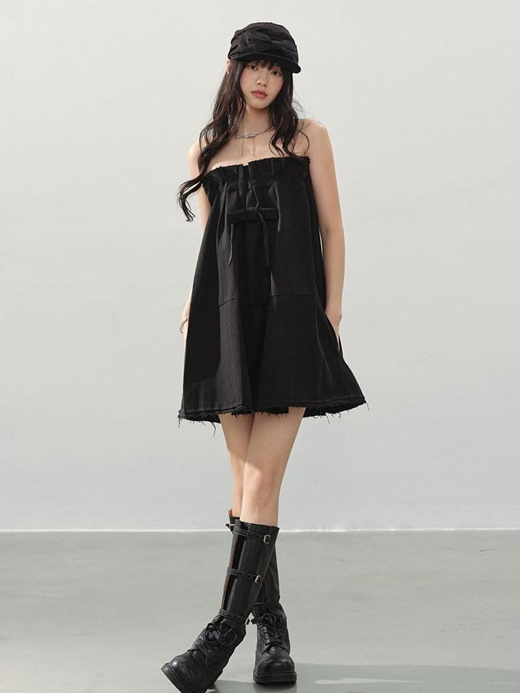 DDGIRL studio Soft Cotton Blend High Waist Bow A Line Strapless Workwear Women Mini Dresses
