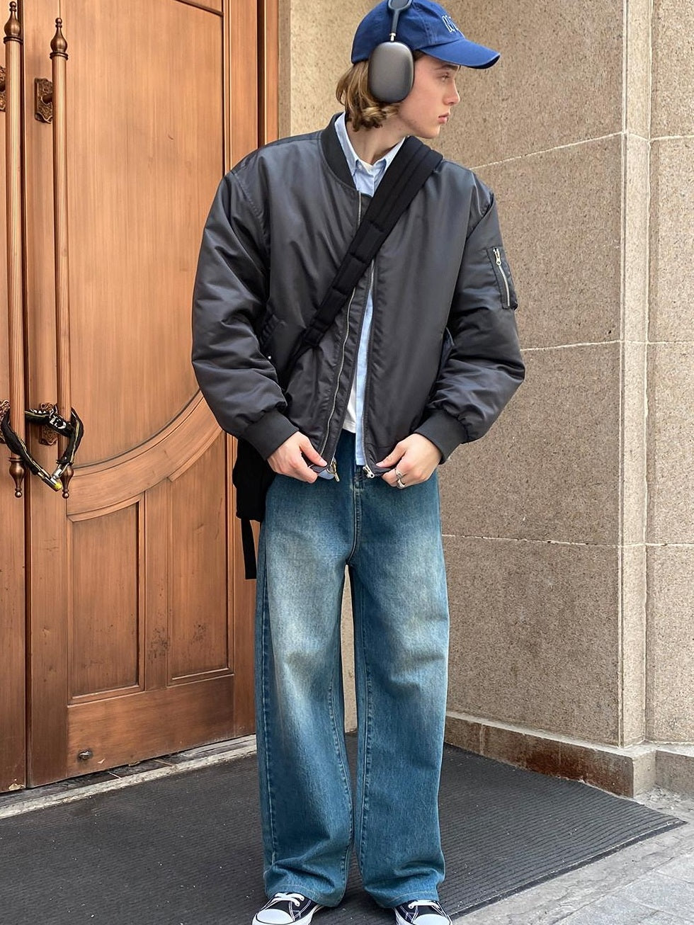 Country Moment Breathable Cotton Retro Washed Mid Rise Relaxed Mens Deep Blue Wide Leg Jeans
