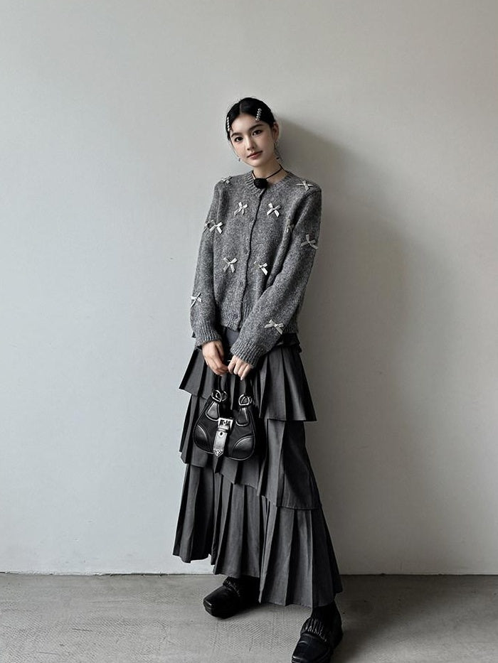 DDGIRL studio Lined High Waist Pleated Patchwork A Line Commuter Loose Fit Gray Midi Skirts