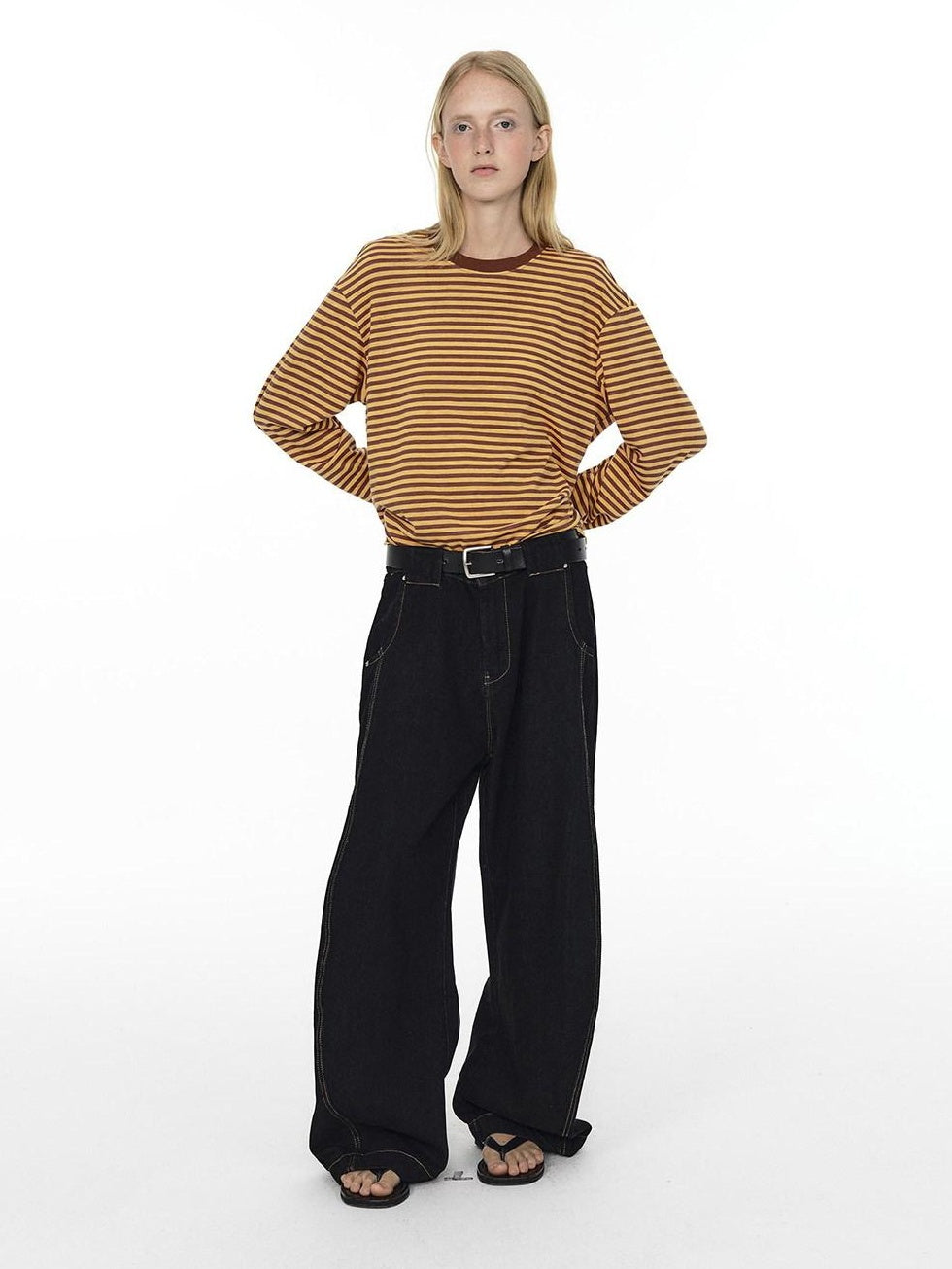 Country Moment Mid Rise Contrast Stitching Loose Fit Unisex Cotton Blend Black Wide Leg Jeans