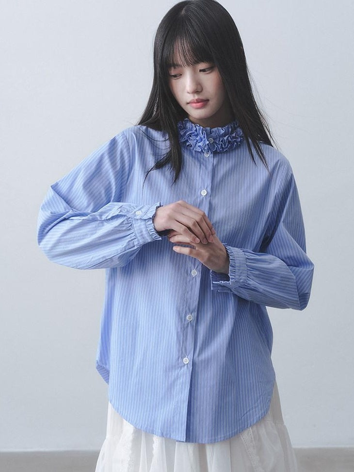 DDGIRL studio Cotton Blend Ruffle Trim Loose Commuter Striped Mid Length Cardigan Shirts