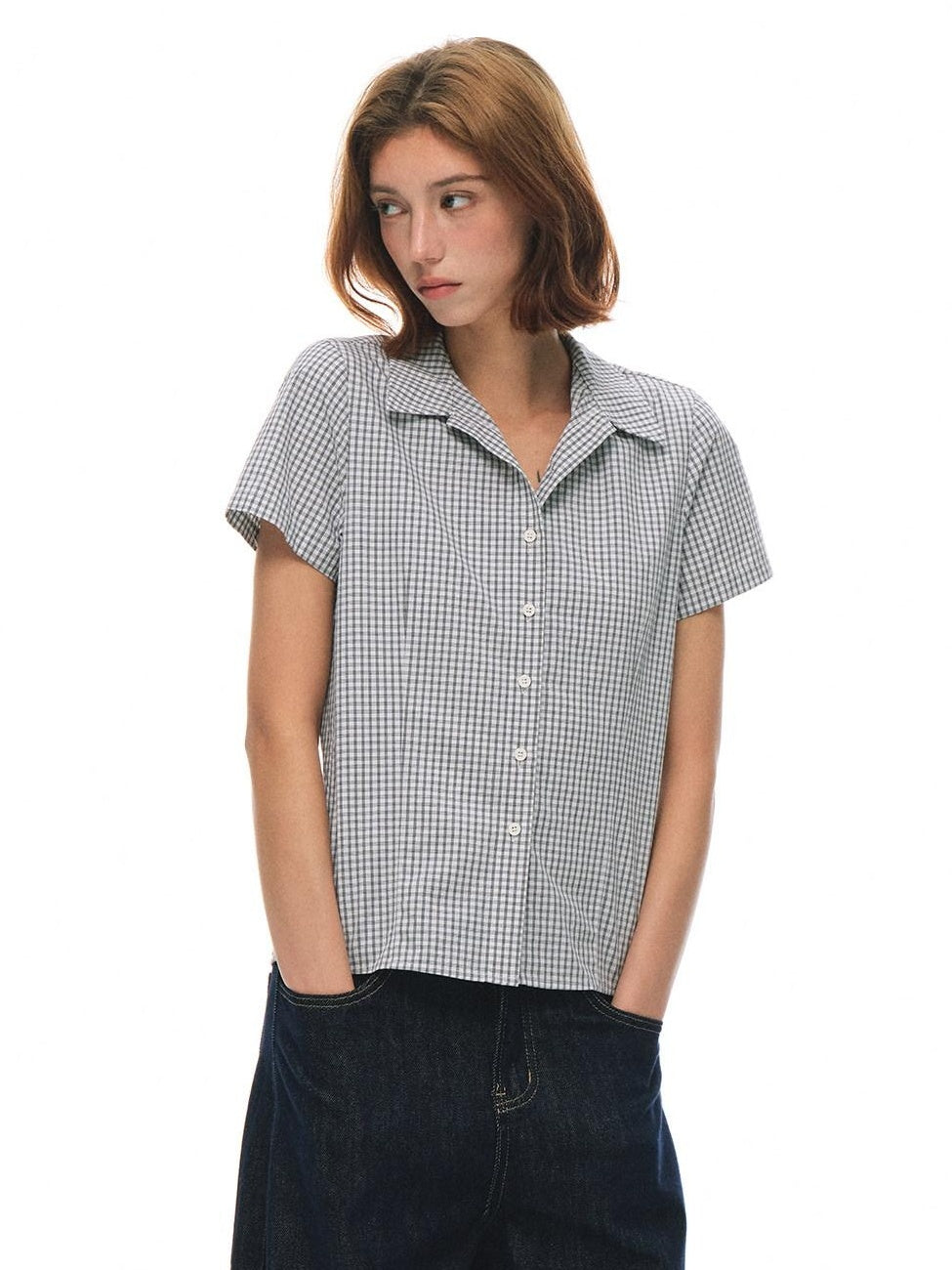 Country Moment Cotton Fitted Button Cuban Collar Black White Plaid Short Sleeve Women Shirts