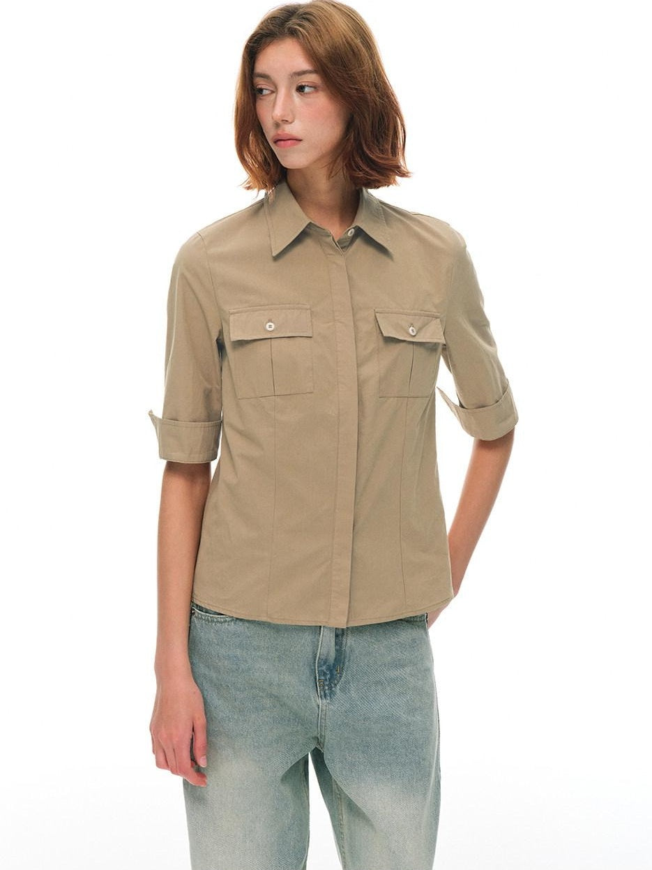 Country Moment Breathable Cotton Slim Fit Collared Half Sleeve Khaki Women Patch Pocket Shirts