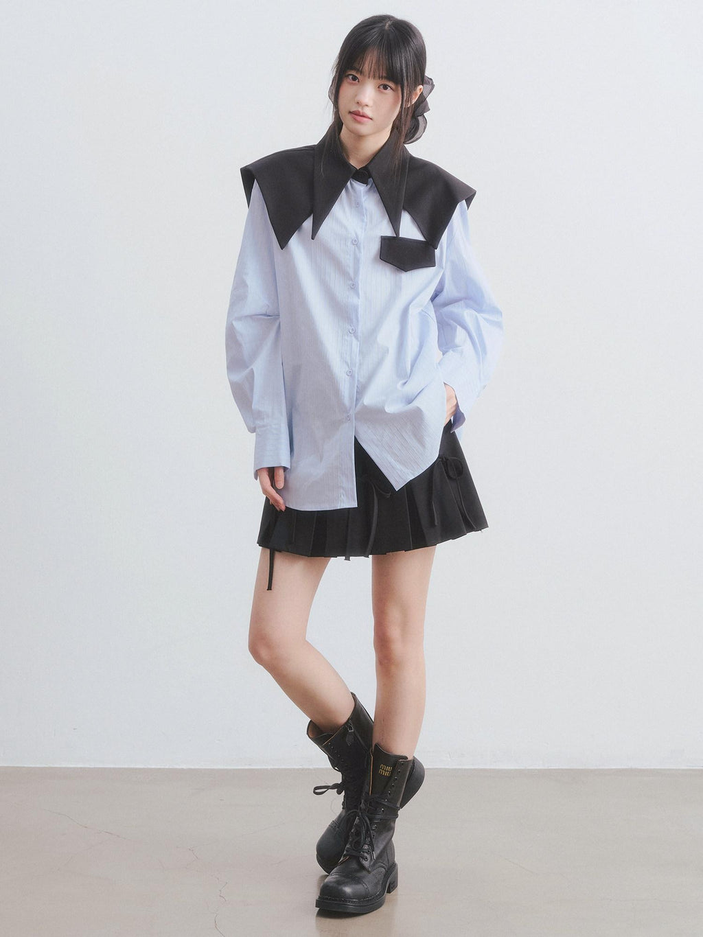 DDGIRL studio Breathable Cotton Loose Faux Layer Pleat Sleeve Striped Navy Collar Shirts