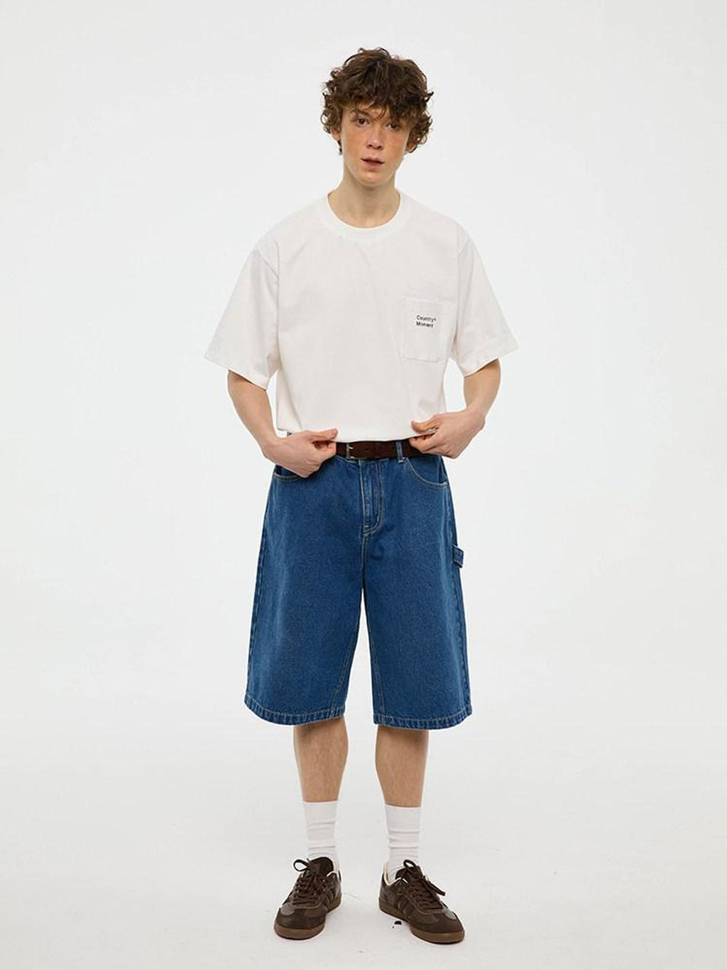 Country Moment Cotton Denim Mid High Waist Loose Straight Casual Zip Fly Mid-Length Shorts