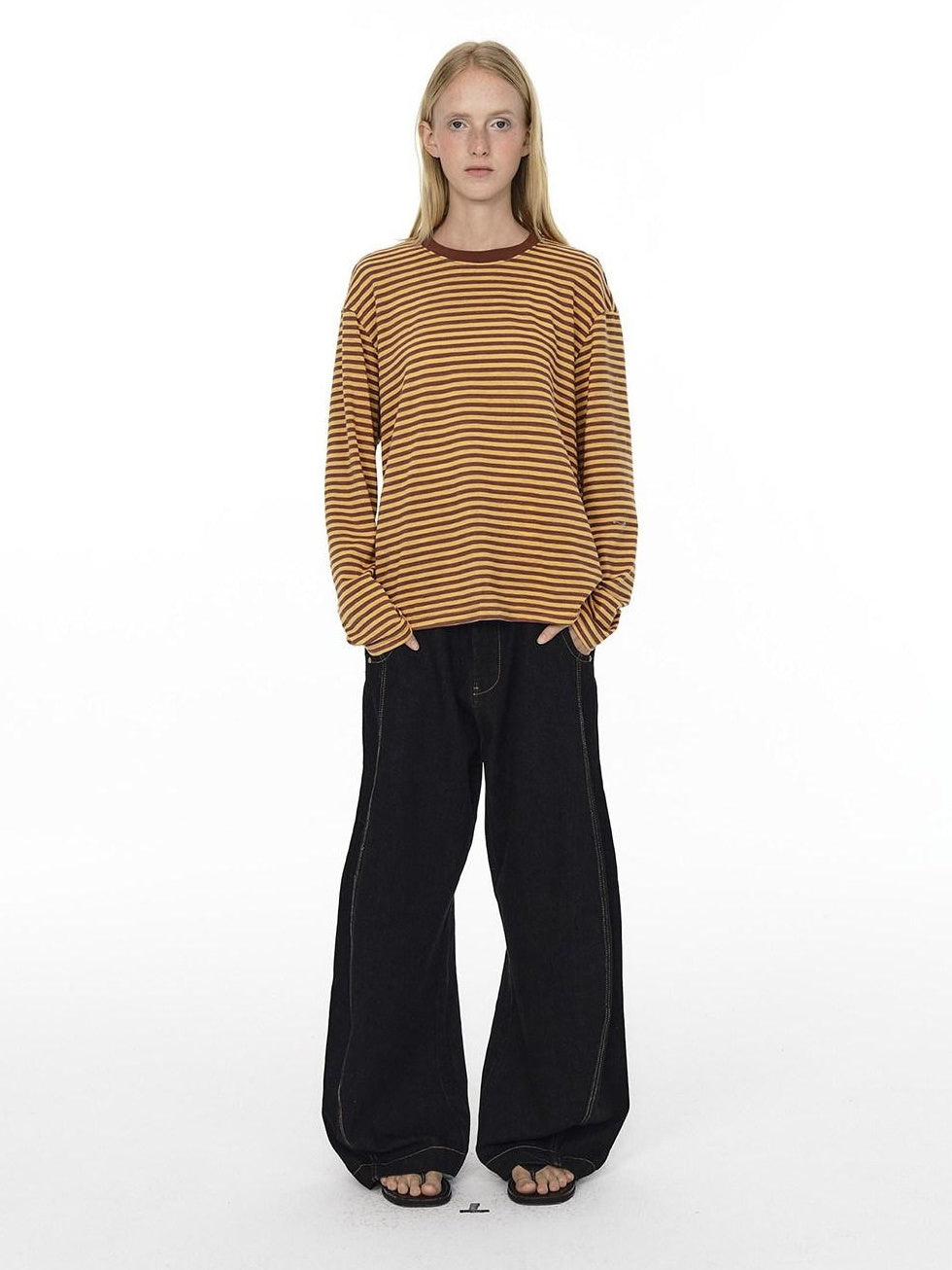 Country Moment Mid Rise Contrast Stitching Loose Fit Unisex Cotton Blend Black Wide Leg Jeans