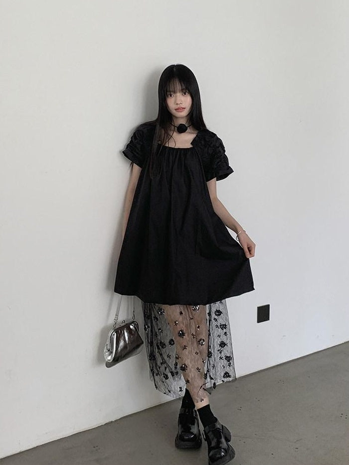 DDGIRL studio 100% Cotton Pullover Bardot Neck A Line Lantern Skirt Workwear Midi Dresses