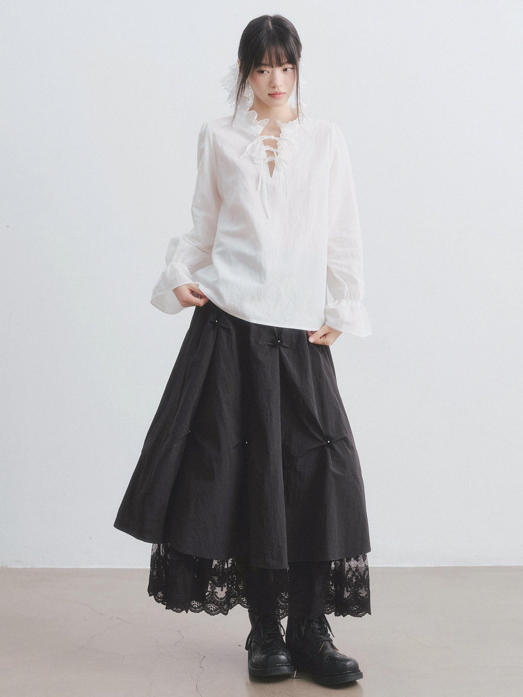 DDGIRL studio Breathable Non Deforming Ruffle Collar Bell Sleeve Straight Cut Commuter Shirts