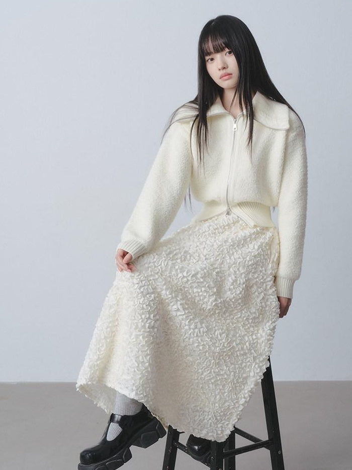 DDGIRL studio Cozy Warm Simple Daydream Waist Cinch Zip Cardigan Acrylic Blend Cream Sweaters