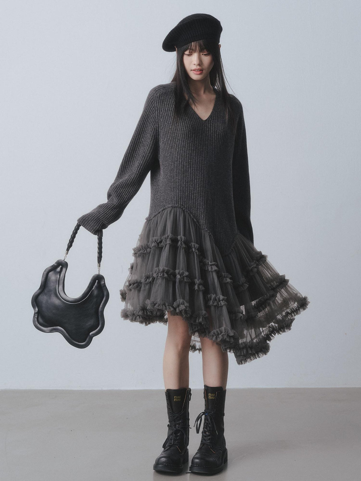 DDGIRL studio Warm 100 Percent Wool High Waist Mesh Splice A Line Sweater Midi Dresses
