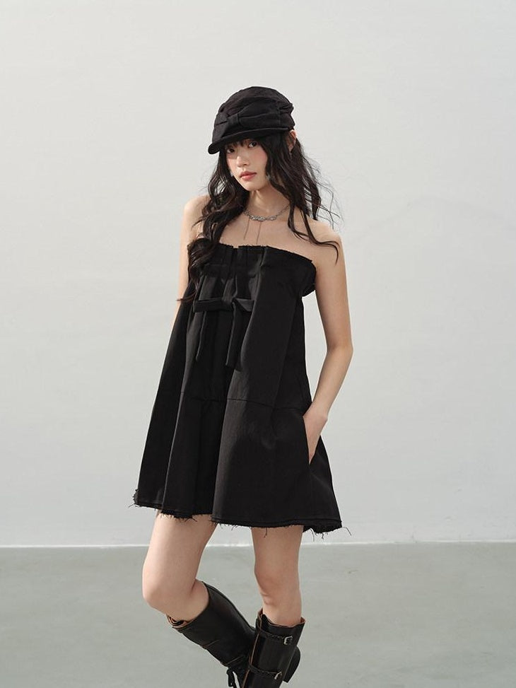 DDGIRL studio Soft Cotton Blend High Waist Bow A Line Strapless Workwear Women Mini Dresses