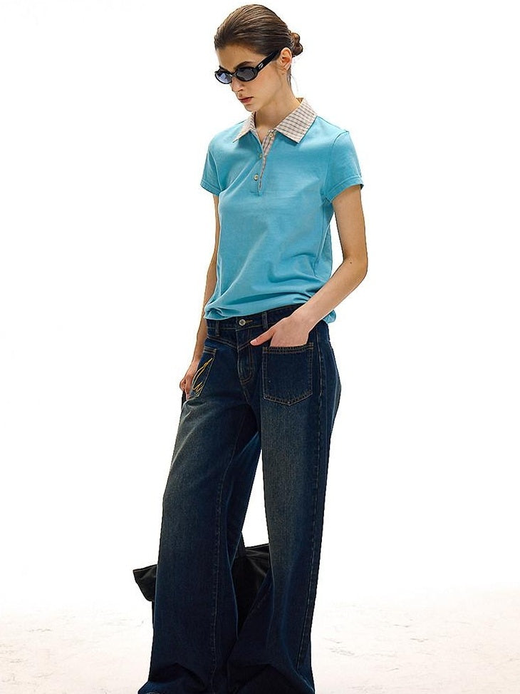 Country Moment 100% Cotton Patchwork Slim Fit Polo Collar Casual Plaid Short Sleeve T-Shirts