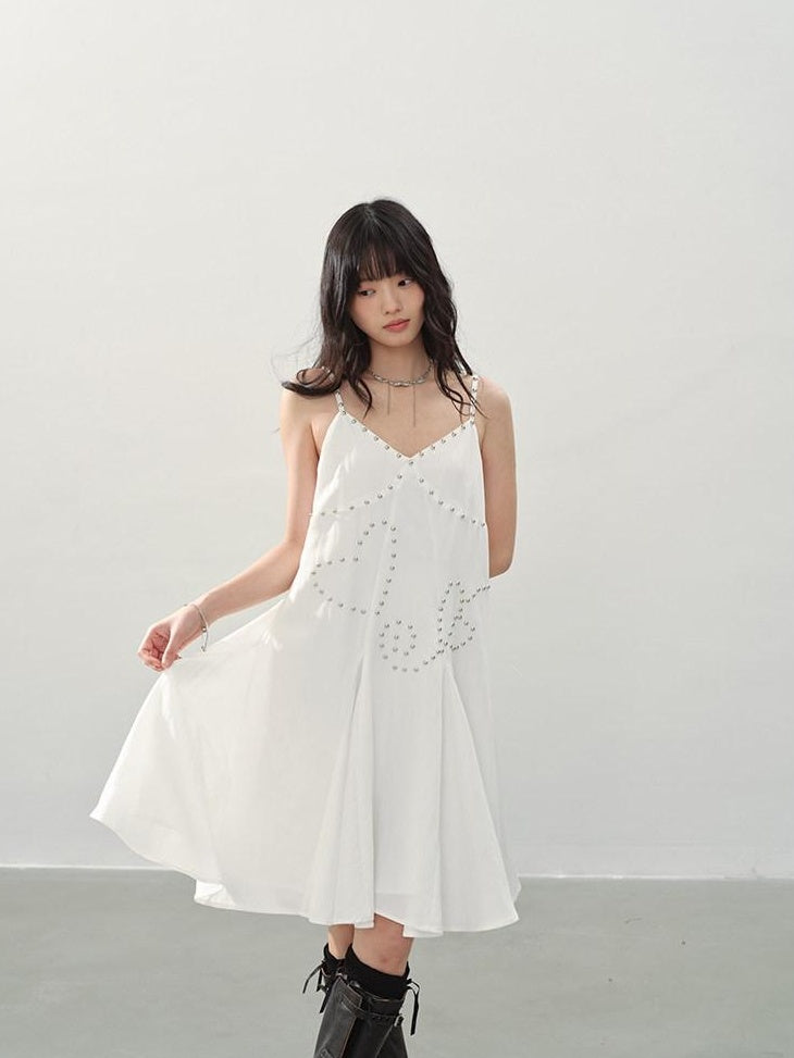 DDGIRL studio Soft Beaded Girly A Line V-neck Spaghetti Strap Cotton Wedding Midi Dresses
