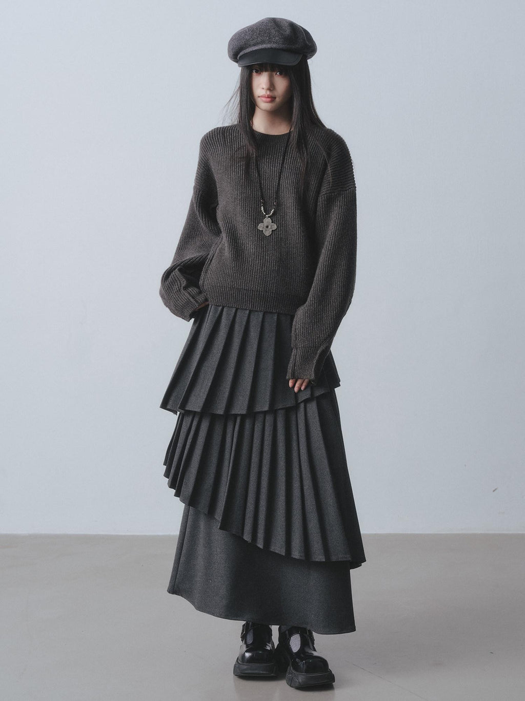 DDGIRL studio Warm Lined Asymmetrical Pleated High Waist Commuter Women Dark Gray Maxi Skirts