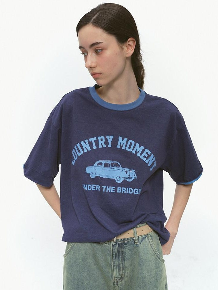 Country Moment Breathable 100% Cotton Relaxed Logo Print Unisex Navy Short Sleeve T-Shirts
