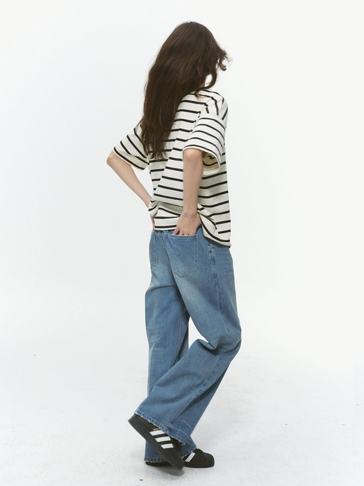 Country Moment Washed Printed Mid Rise Loose Five Pocket Casual Denim Blue Wide Leg Jeans