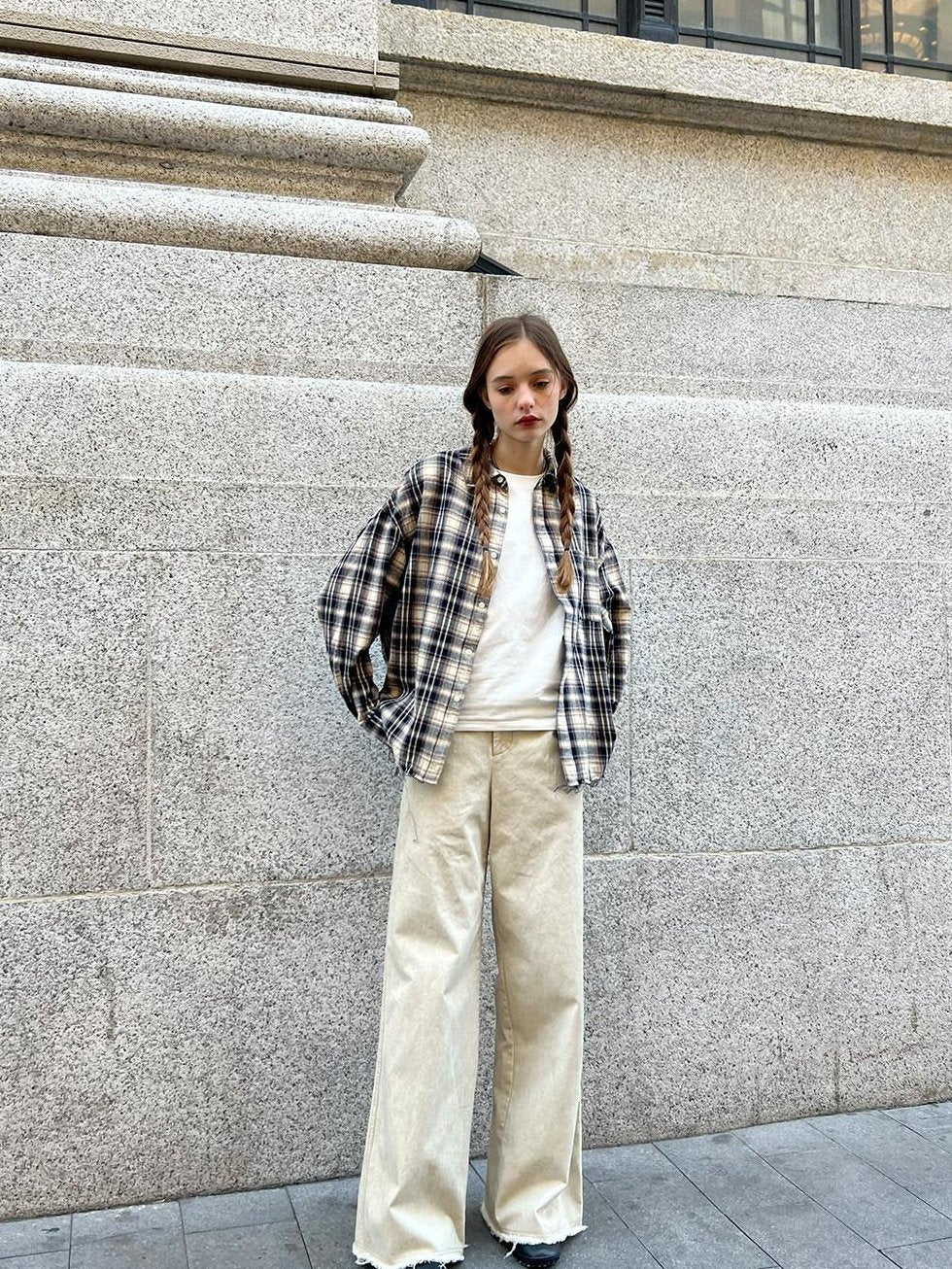 Country Moment Washed Cotton Relaxed Mid High Waist Teen Beige Slight Stretch Straight Pants