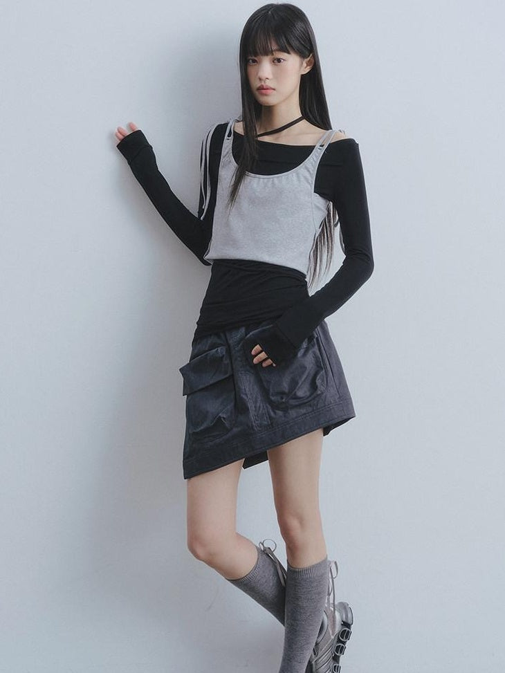 DDGIRL studio Soft 100 Percent Cotton High Waist Cargo Office Women Dark Gray Mini Skirts