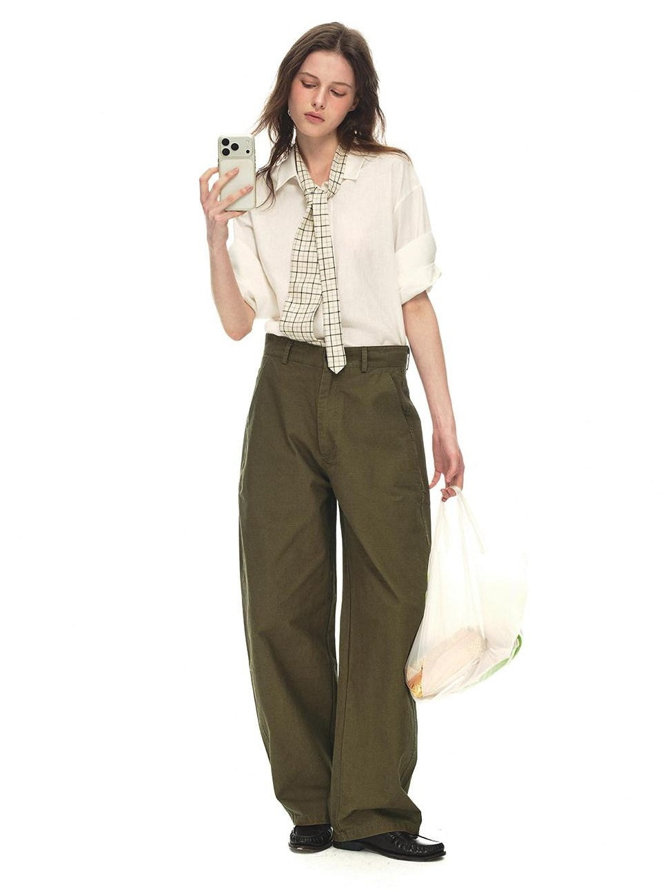 Country Moment Relaxed Cotton Button Fly Natural Waist Casual Army Green Wide Leg Pants