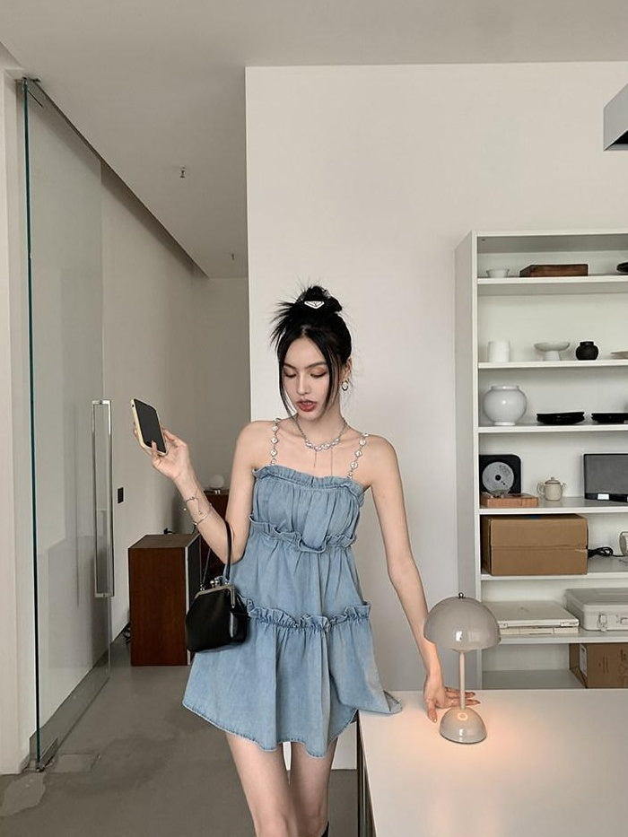 DDGIRL studio High Waist Washed Denim Ruffle Trim A Line Camisole Casual Mini Dresses
