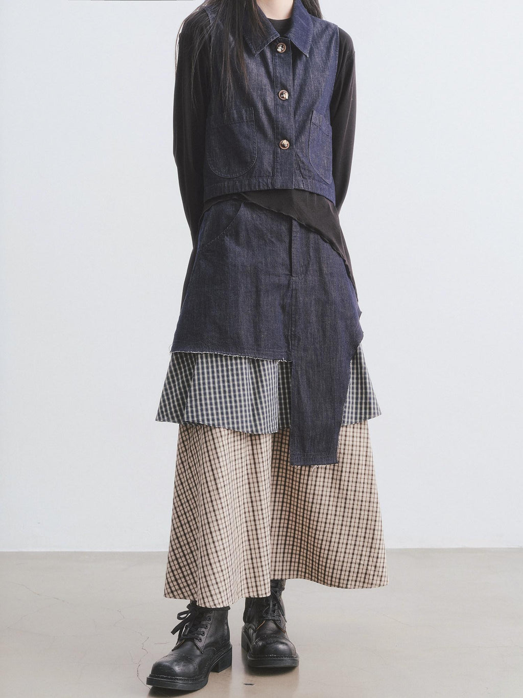 DDGIRL studio Asymmetric Plaid Leather Lapel Vest High Waist Skirt Women Top & Skirt Sets