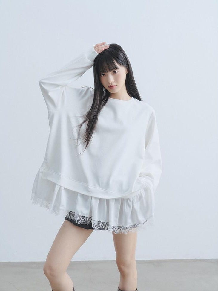 DDGIRL studio Soft Patchwork Loose Sweatshirt Girly Oversized Long Sleeve White Mini Dresses