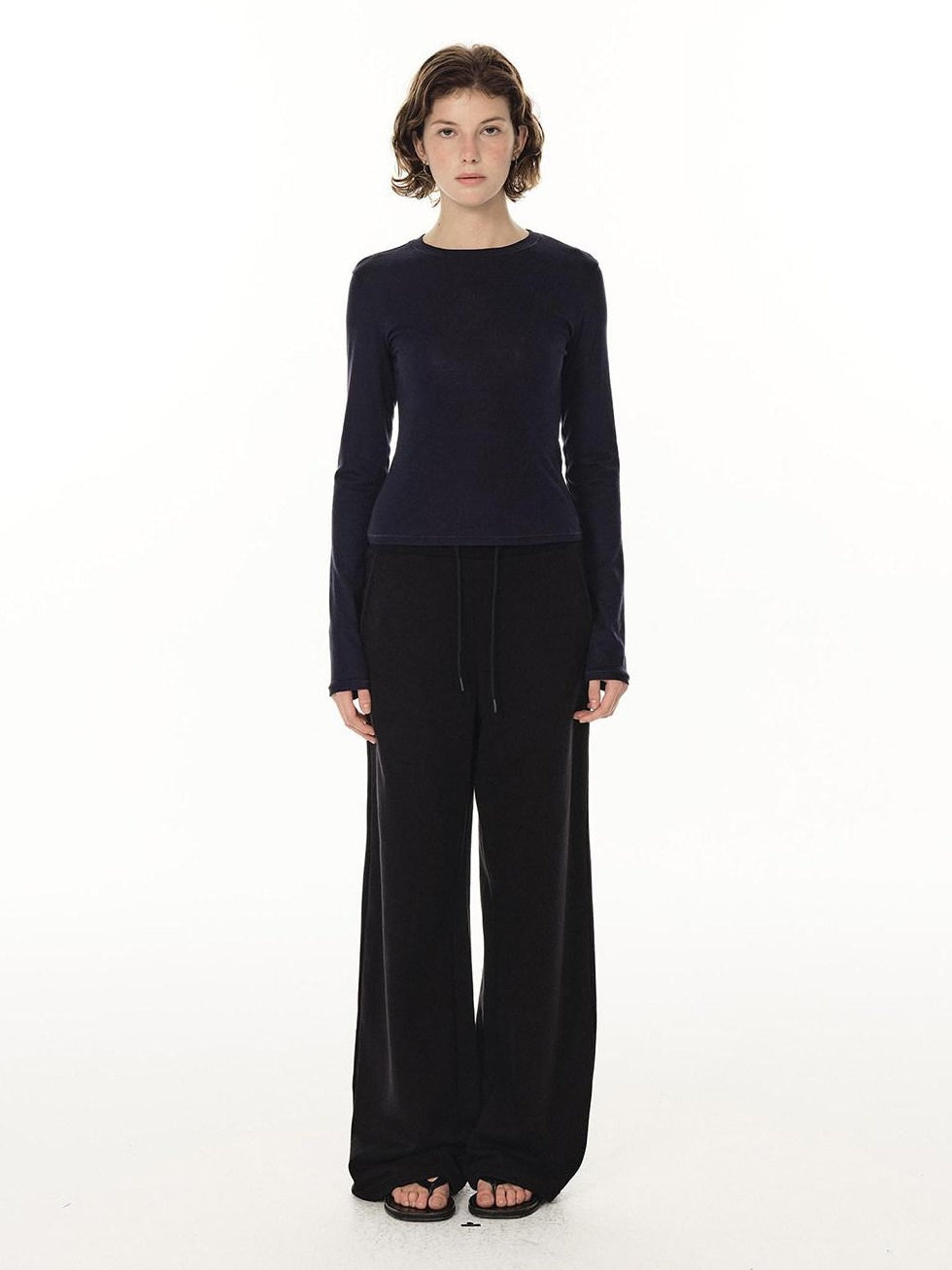 Country Moment Durable Cotton Mid Rise Straight Elastic Youth Casual Black Gray Wide Leg Pants