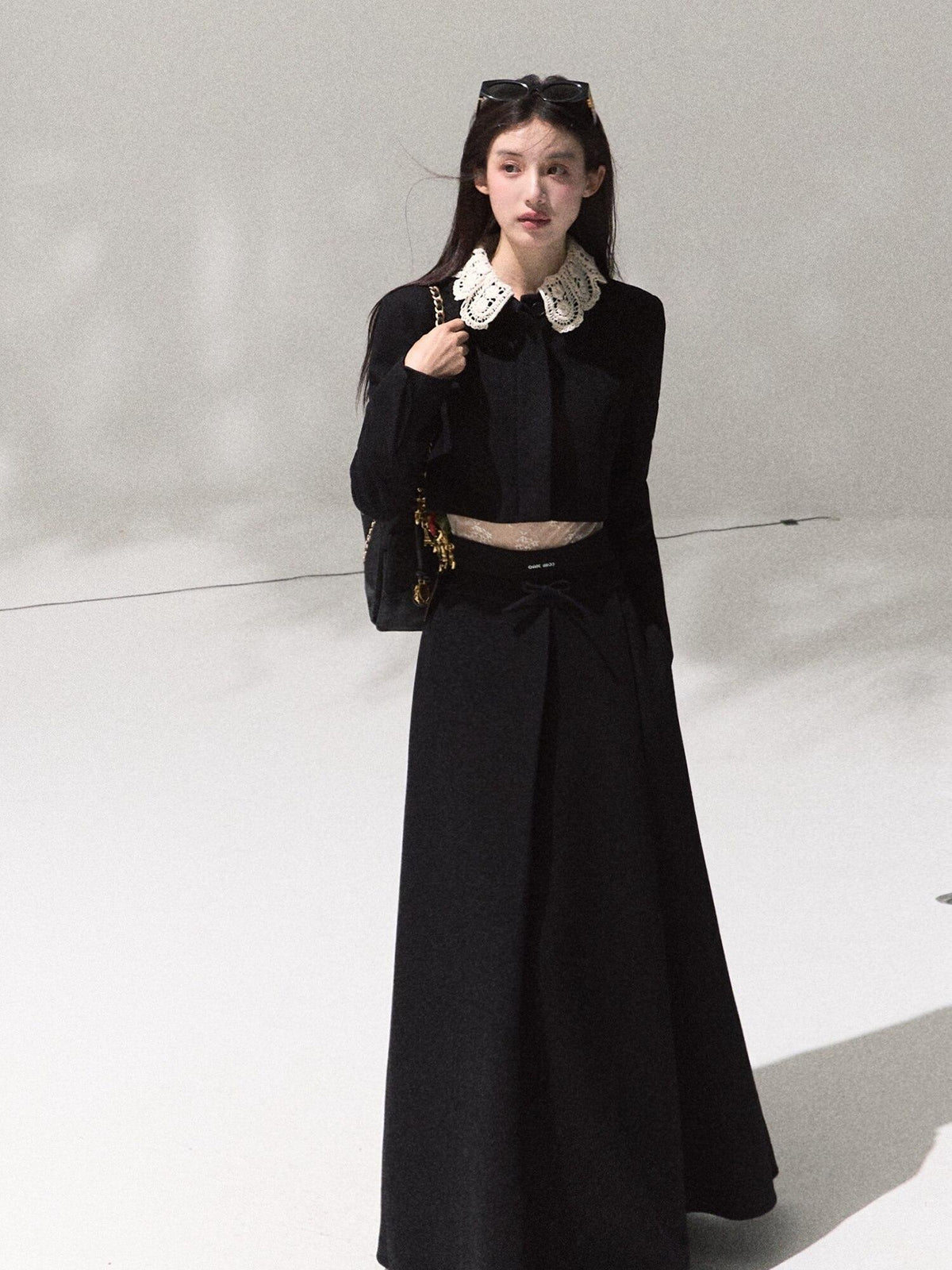 7 OAKMOO Lightweight Long Sleeve Doll Collar High Waist Black Top & Skirt Sets