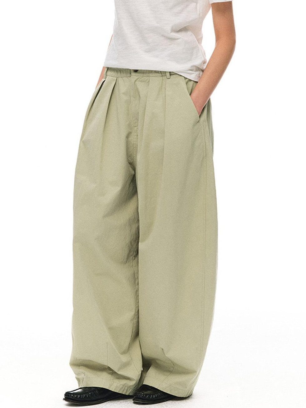 Country Moment Soft Cotton Khaki Pleated Zipper Mid Waist Balloon Casual Wide Leg Pants