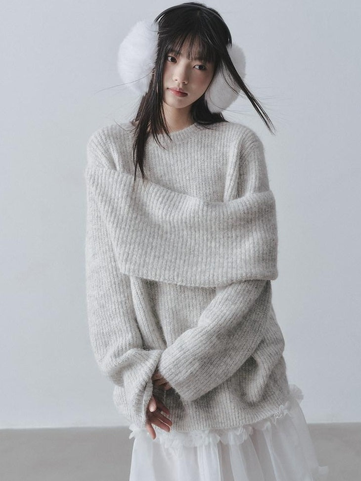 DDGIRL studio Ultra Soft Relaxed Patchwork Round Neck Women Light Gray Knit Sweaters