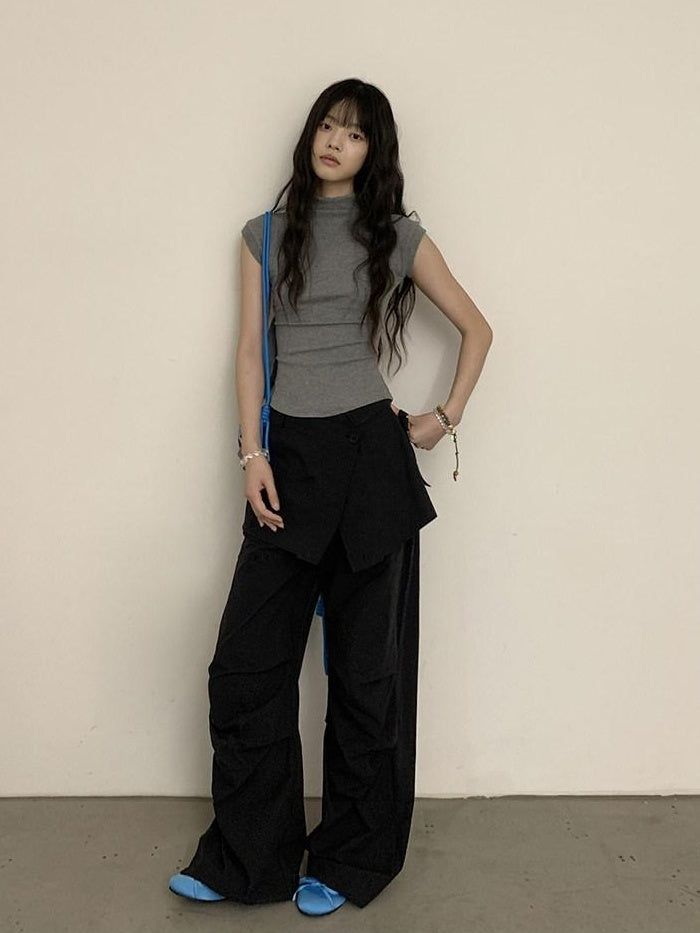 DDGIRL studio High Waist Cotton Cargo Pockets Loose Commuter Women Black Straight Pants