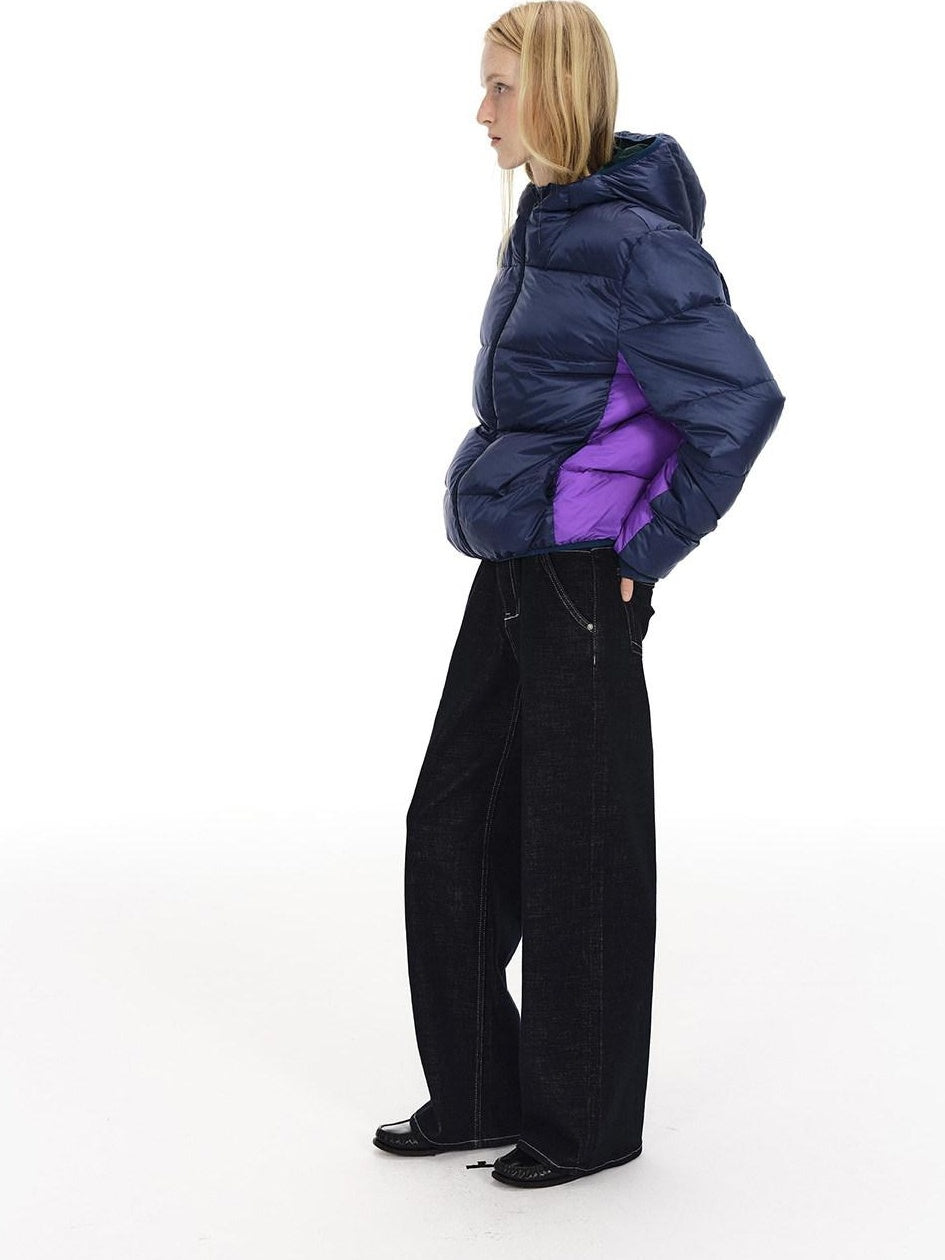 Country Moment 90 Fill White Duck Down Hooded Short Loose Navy Zipper City Commute Down Jackets